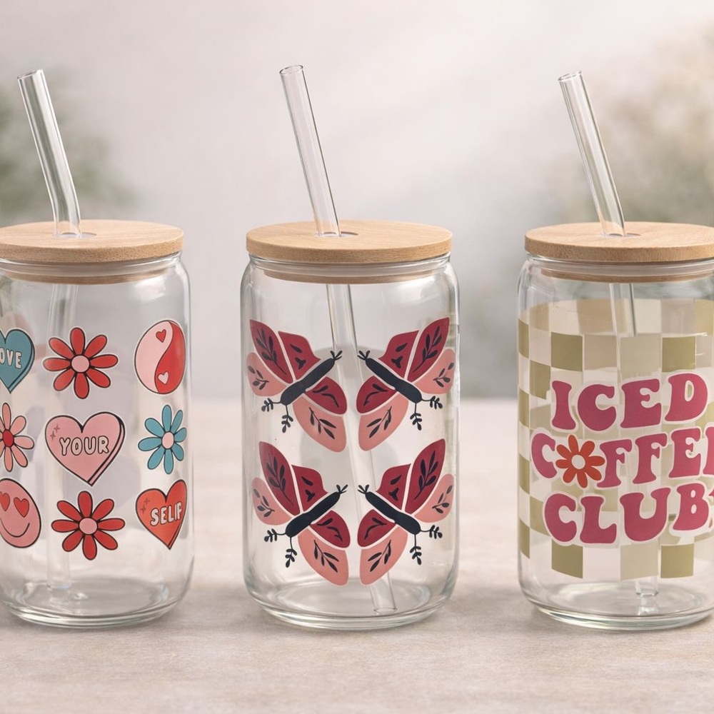 Glass Tumbler Set with Bamboo Lids and Straws